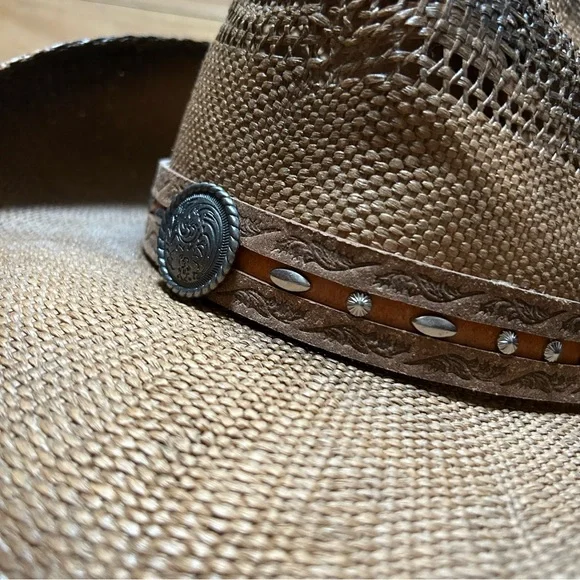 New Saddleback Western festival Cowboy concert paper straw leather silver hat - Picture 6 of 11